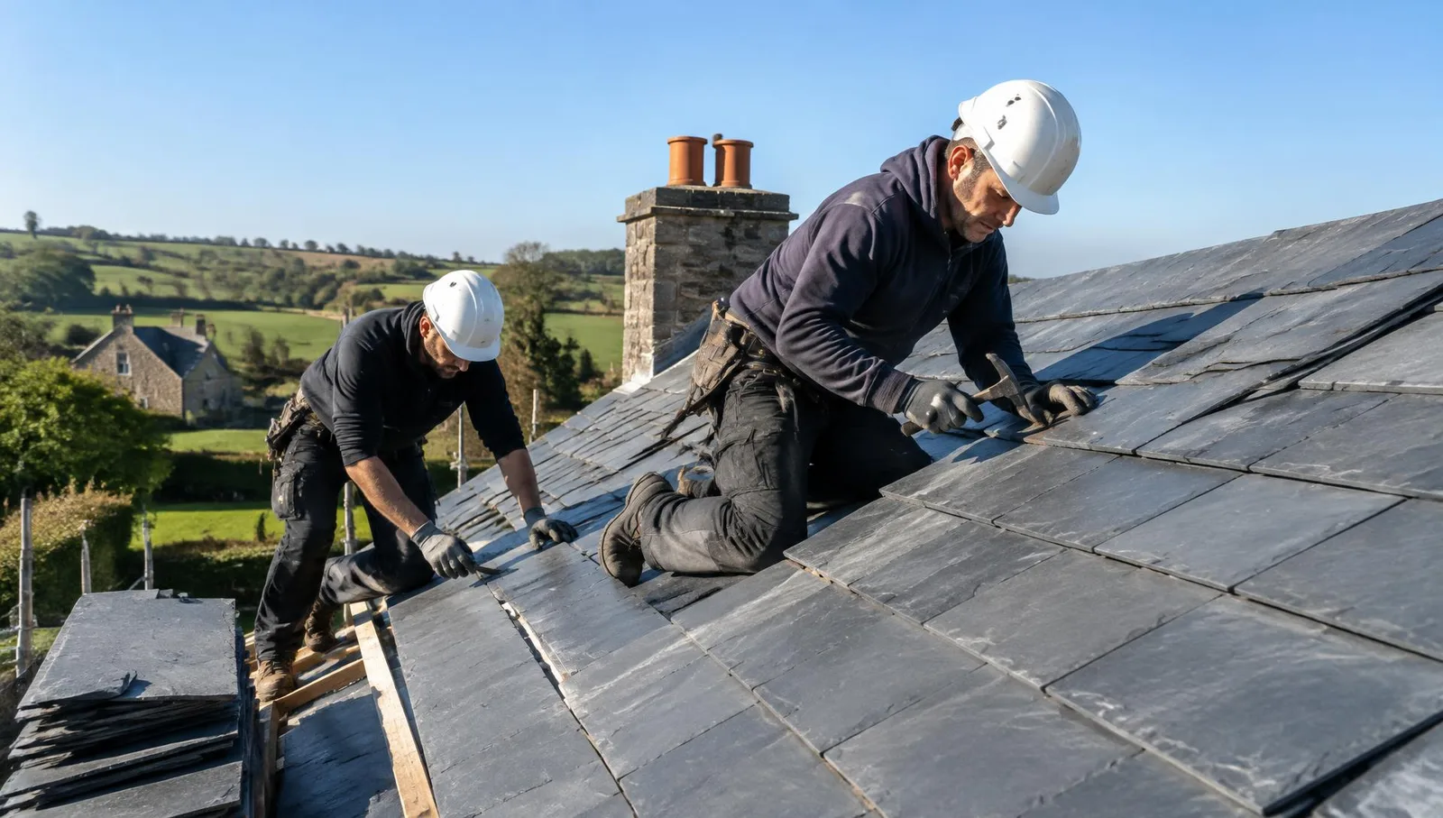 Roofers working on a slate pitched roof